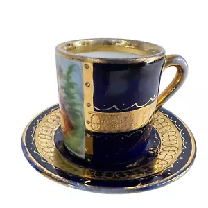 Miniature Royal Vienna Ackerman & Fritze Tea Cup & Saucer Cobalt Blue Demitasse - Picture 1 of 12
