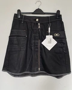 Salvatore Ferragamo A-line Black Denim Utility Mini Skirt Zip Large UK 12-14 NEW - Imagen 1 de 17