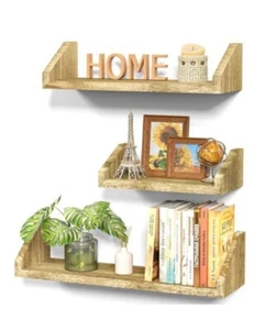 SRIWATANA Floating Shelves Wall Mounted, Solid Wood Wall Shelves Set of 3, Dark - Picture 1 of 10