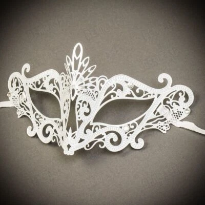 White Elegant Laser Cut Metal Women's Mask Masquerade Party Costume Eye Mask - Image 1 of 4