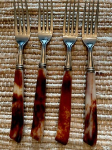 VTG 4 Pc Set MB Marbled Bakelite Handle Galaxie Stainless Steel Forks Japan - Picture 1 of 4
