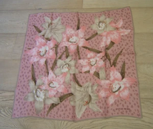 Pinks & Tans Floral 100% Silk Scarf 35" Square Hanae Mori Hand hemmed - Picture 1 of 7