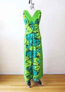 Vtg 60s Hawaiian Togs Green Blue Barkcloth Maxi Dress S Pleat Back Hibiscus - Picture 1 of 6