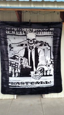 SKELETON BARTENDER POURING DRINK BAR LAST CALL QUEEN SIZE BLANKET - Image 1 of 2