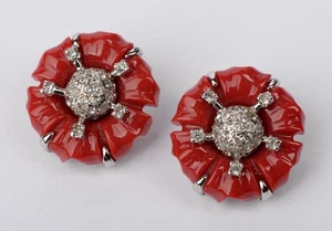 Vintage Red Rhinestone Flower Clip-On Earrings – Possibly Nolan Miller Unsigned - Picture 1 of 6