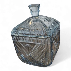 Heavy Cut Crystal Sweet Jar c1950s 7ins x 4.5ins x 4.5ins Art Deco Blue Tint - Picture 1 of 16