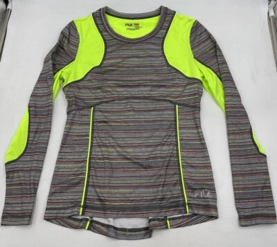 Camisa deportiva Fila para correr para mujer pequeña manga larga amarillo neón rayas multicolores Foto 1 de 4