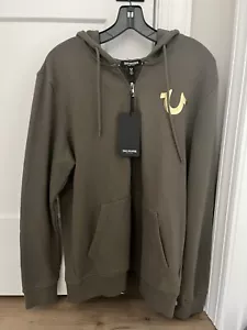 True Religion Hoodie Men's M City Buddha Zip Sweatshirt Double Sided Olive NWT - Picture 1 of 10