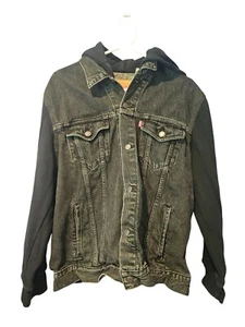 Levis Hybrid Denim Cotton Hooded Trucker Jacket Mens Size XL Black Wash Pockets - Bild 1 von 15