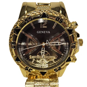 Geneva Men’s Watch Gold Tone with Blue Face Alloy Case, Zinc Alloy Strap - Picture 1 of 4