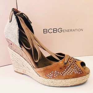 BCBGeneration Women's Taupe Suede Rope-Woven Wedges with Rhinestone Detailing - Picture 1 of 7