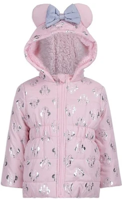 Chaqueta acolchada con capucha con orejas y lazo rosa con estampado de Minnie Mouse Disney para niña Foto 1 de 4