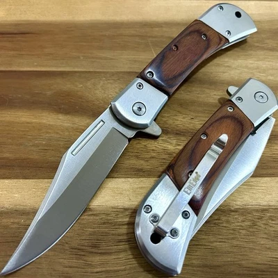 Navaja de bolsillo táctica asistida por resorte hoja plateada madera 8,75” caza supervivencia Foto 1 de 4