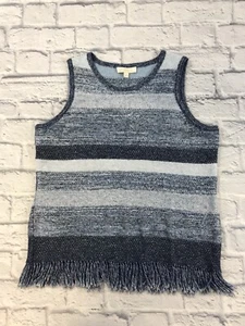 VTG Etcetera Womens Large Sweater Vest Fringe Hem Blue Linen Boho Hippie - Picture 1 of 7
