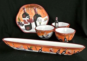 3 Pc Clay Art Ceramic Serving Set/Dish/Bowls-3 Part &Olive Boat-Plate-Wine Theme - Picture 1 of 12