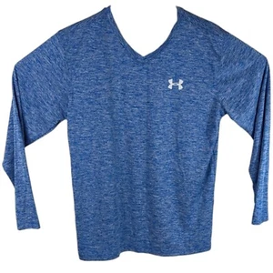 Under Armour Womens V Neck Small Tech Shirt LS Loose Heat Gear Blue Heather - Picture 1 of 8