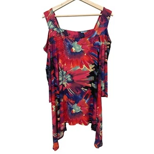 Clara Sun Woo Artsy Floral Tunika Bluse Cold Shoulder Large Bunt Lagenlook - Bild 1 von 8