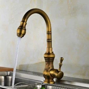 Deck Mounted Antique Brass Kitchen Sink Mixer Faucet Swivel Brass Tap One Handle - Picture 1 of 4