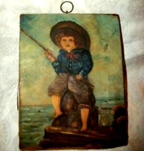 1870s Miniature Oil Painting Folk Art Naive Boy Fishing Pier Boston Chas Edmands - Picture 1 of 7