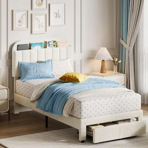 Modern Twin Size Bed Frame with Bookshelf Headboard & Storage Drawers for Kids - Picture 1 of 8