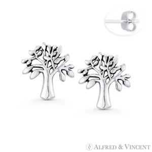 Eternal Tree-of-Life Chakra Charm Stud Earrings in Oxidized 925 Sterling Silver - Picture 1 of 1