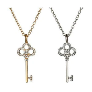 KEY NECKLACE 17" Chain GOLD or SILVER Sparkling Crystal Rhinestone Pendant NEW - Picture 1 of 4