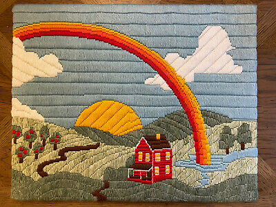 Vintage Summer Rainbow Cottage Home Crewel Longstitch Imagen Terminada 16  X 20  • 44.34€