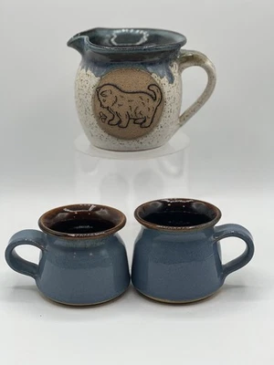 2 - NEW Pottery Studio Blue & Brown Espresso Mug/Cups W/ Cat Creamer/Pitcher - Image 1 of 4