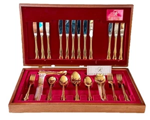 Vintage Mytton Rodd 24 Karat GOLD PLATED FLATWARE- Australia 44 Piece Set W/ Box - Picture 1 of 9