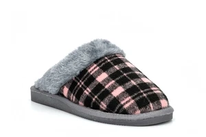 Ladies Mule Slippers Womens Mules Ladies Slippers Faux Fur Tartan Slippers Pink - Picture 1 of 5