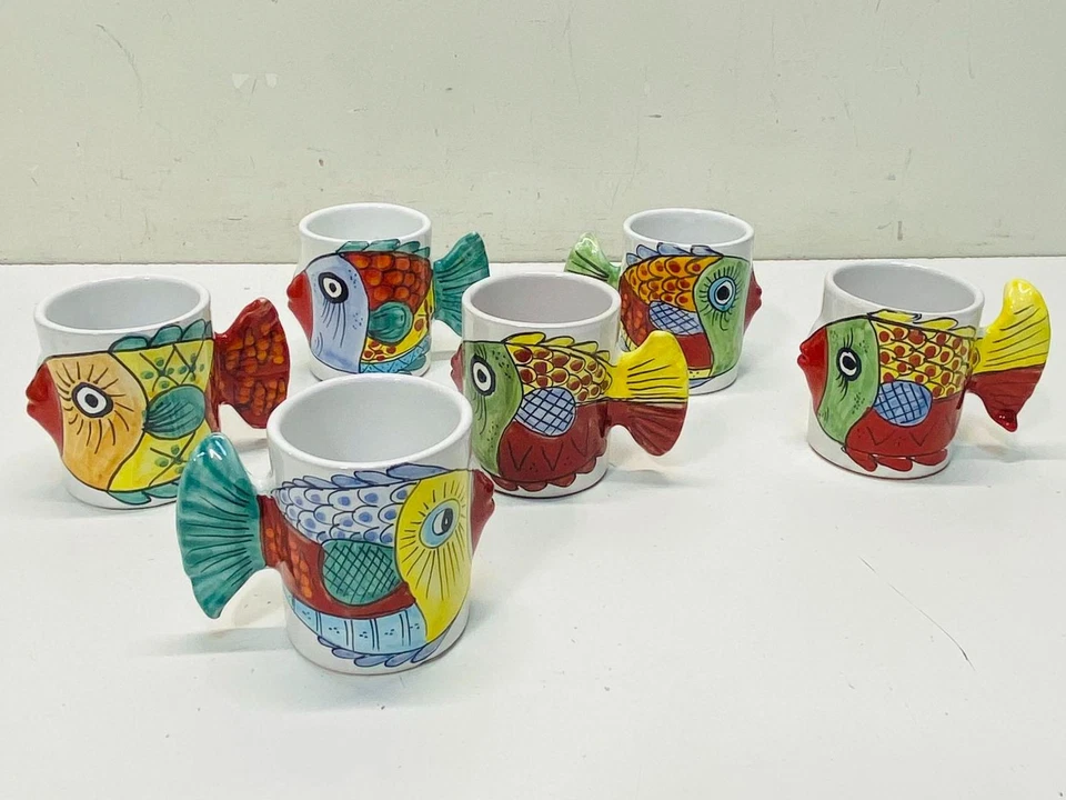 Керамические рыбные кофейные кружки Cer Desuir. Набор из 6 предметов. Итальянская керамика - глиняная посуда - Изображение 1 из 4