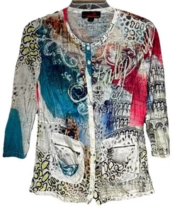 SEVEN SISTERS (Size 1) Italy Holiday 3/4 Sleeve Button Down Cardigan Pocket Top - Picture 1 of 13
