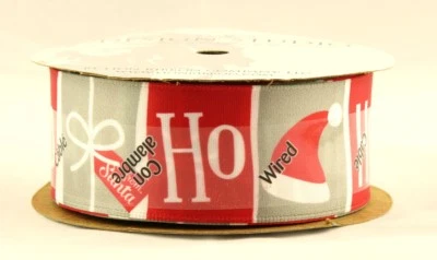 Ho Ho Ho Santa Hat Satin Wired Ribbon 25 Yards NEW christmas claus red gray eve - Image 1 of 3