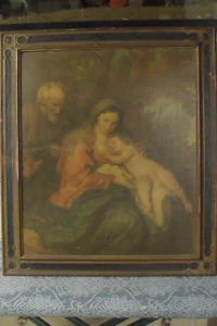 ANTIQUE FAUX OIL PAINTING JESUS MARY JOSEPH IN ANTIQUE GILT PRESSED WOOD FRAME - Picture 1 of 7