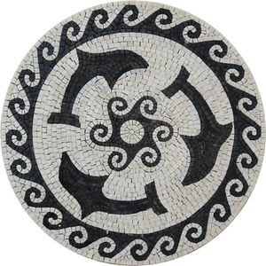 Marble Mosaic Round Medallion Black and Tan Dolphin and Waves - Picture 1 of 1