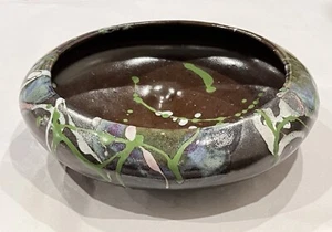 Vintage Mid Century Pottery Ikebana Style Low Bowl Brown Green Lava Glaze - Picture 1 of 13