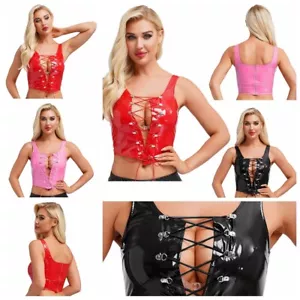 Women's Tops Low Cut Vest Dance Tank Sexy Patent Carnival Wetlook Nightclub Rave - Picture 1 of 42