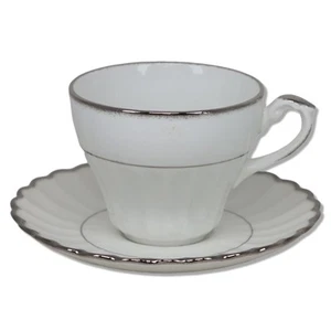 J & G Meakin Cheltenham Silver Tea Cup Saucer White Fluted Platinum 1960's - Picture 1 of 3