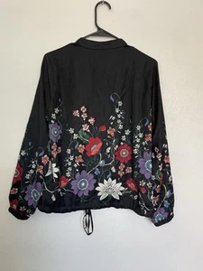 CHICOS Bomber Silk Reversible Jacket Size 1 Medium Dots/ Floral Print Black - Picture 1 of 9