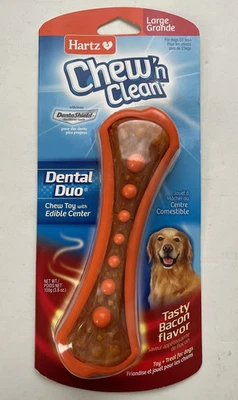 Juguete para masticar dúo dental Hartz Chew’n Clean con centro comestible sabor a tocino naranja Foto 1 de 2