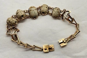 Antique 13k Gold Egyptian Scarab Bracelet Ancient Beads w/ Hieroglyphs Cairo 9g - Picture 1 of 19