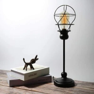Industrial Table Lamp Caged Frame for Bedroom,Living, Office w/Metal Base, Black - Picture 1 of 8