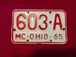 1965 Ohio Motorcycle License Plate White and Red Tag 603A Original Paint OH 65 - Picture 1 of 6