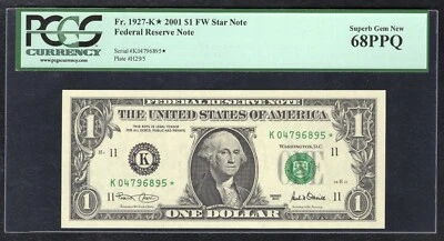 FR. 1927-K* 2001 $1 FW *STAR* FRN DALLAS, TX PCGS SUPERB GEM UNCIRCULATED-68PPQ. - Image 1 of 2