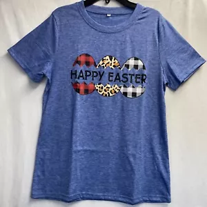 T-Shirt Happy Easter Eggs grafischer Druck kurzärmelig Damen klein blau Rundhalsausschnitt - Bild 1 von 15