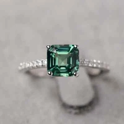 Anillo de compromiso Asscher corte 7x7 mm zafiro verde, anillo nupcial Foto 1 de 3