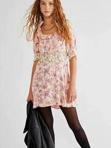 FREE PEOPLE Lucie Mini Dress Floral Short Sleeve Lace Boho Tie Ivory Size 12 - Picture 1 of 5