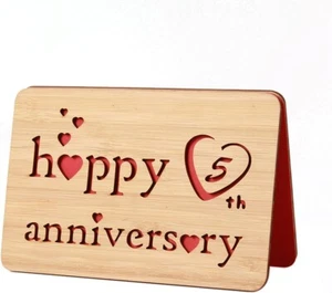 Wooden 5Th Anniversary Card,Handmade 5 Years Wedding Anniversary Greeting Gift C - Picture 1 of 7