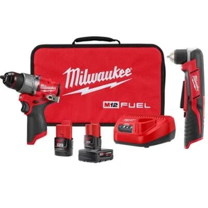 Milwaukee Drill/Driver Kit 1/2" + Right Angle Drill 3/8" 12V Brushless Cordless - Picture 1 of 11