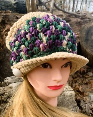 Sombrero de ala holgada hecho a mano de ganchillo bronceado/púrpura/verde para mujer/adolescente Foto 1 de 4